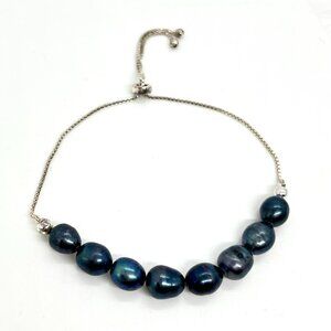 925 STERLING PEARL BRACELET THAI FAS  BLUE PEACOCK FRESHWATER ADJUSTABLE SLIDER